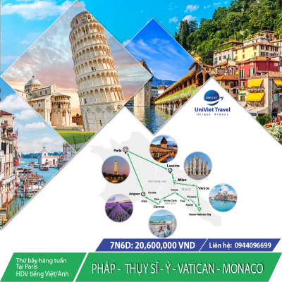 TOUR PHÁP - THỤY SĨ - Ý - VATICAN - MONACO (Tuyến xanh lá)